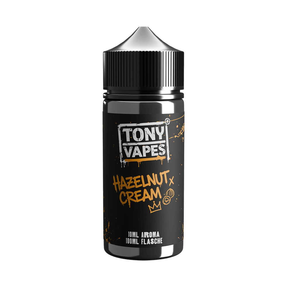 Tony Vapes Aroma Hazelnut Cream 100ml Flasche, schwarzes Etikett mit weißem Logo und goldener Schrift, tropfenförmiger Deckel.