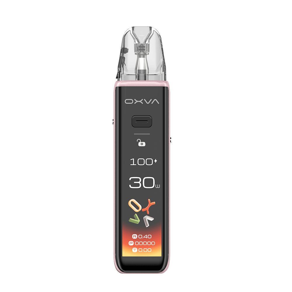 Oxva Xlim 3 Ultra Pod Kit - Cherry Pink Oxva Xlim 3 Ultra Pod Kit in Cherry Pink mit schwarzem Display zeigt Leistungsanzeigen wie 100% Akku, 30W Leistung und bunten Symbolen sichtbar.