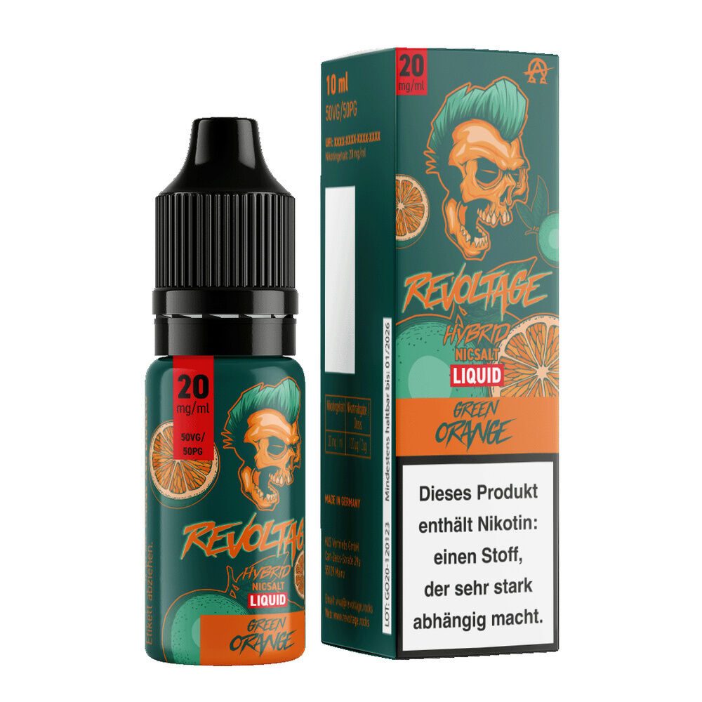 Revoltage Hybrid Liquid - Green Orange Flasche und Verpackung von Revoltage Hybrid Liquid Green Orange mit Totenkopfdesign und Warnhinweis, enthält 20 mg/ml Nikotin.