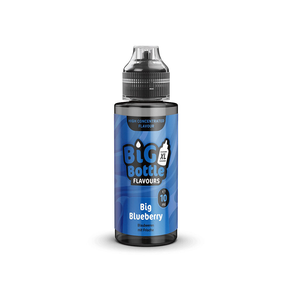 BBF230 Flasche Big Bottle Flavours Aroma mit blauem Etikett, Aufschrift Big Blueberry, Blaubeeren mit Frische, 10 ml sichtbar.