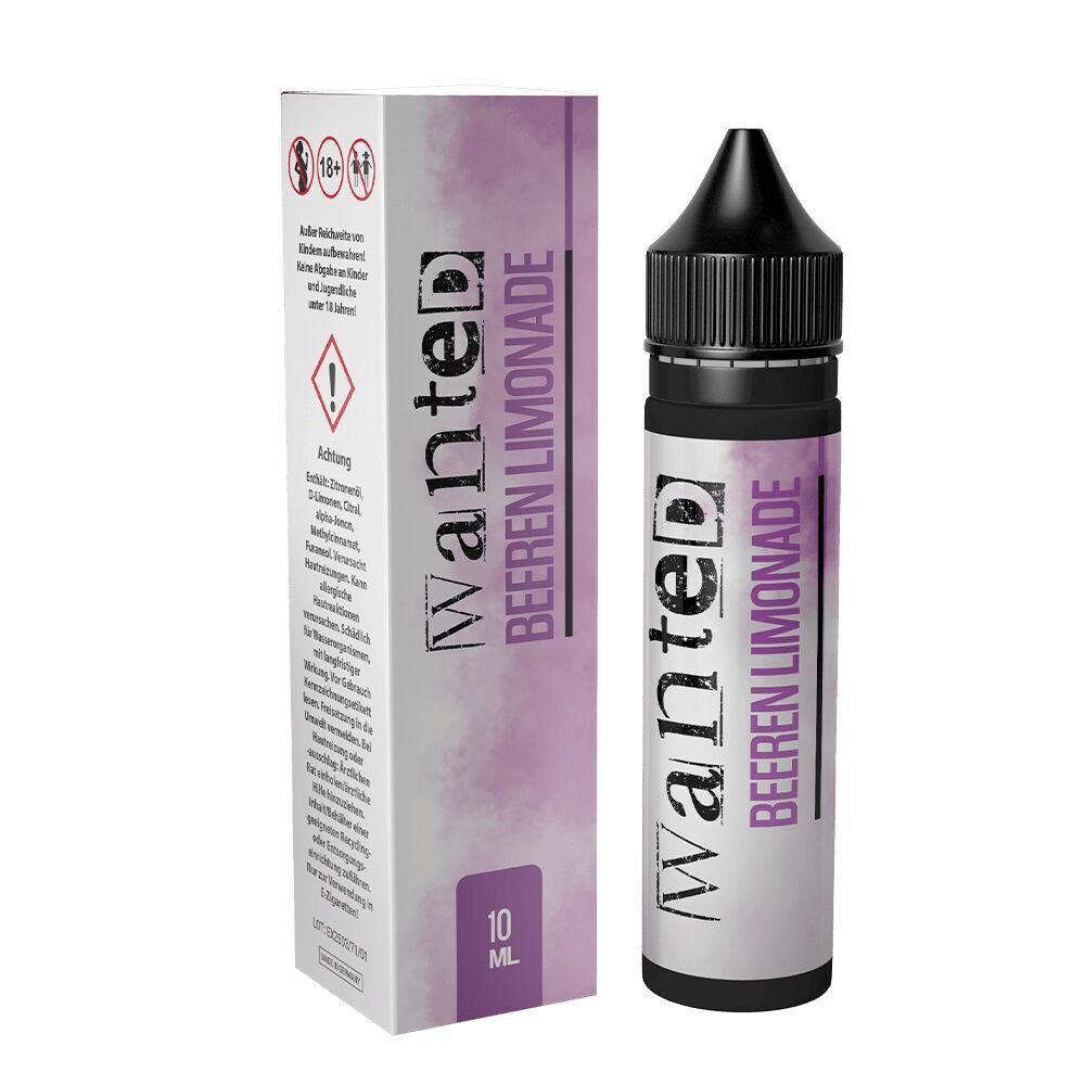 Aroma Beeren Limonade - Wanted Flasche und Verpackung von Wanted Aroma Beeren Limonade, 10 ml, mit violettem Design und Warnhinweisen, 18+ Symbol sichtbar.