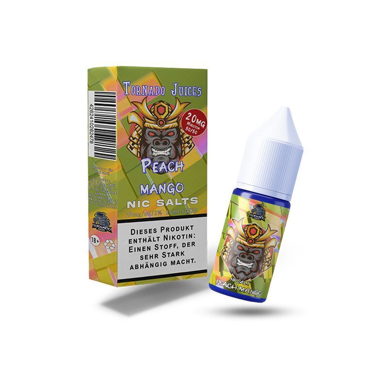 Tornado Juice Nikotinsalz 20mg Peach Mango mit maskiertem Samurai-Design auf Verpackung und Flasche, Warnhinweis zu Nikotin-Inhalt.