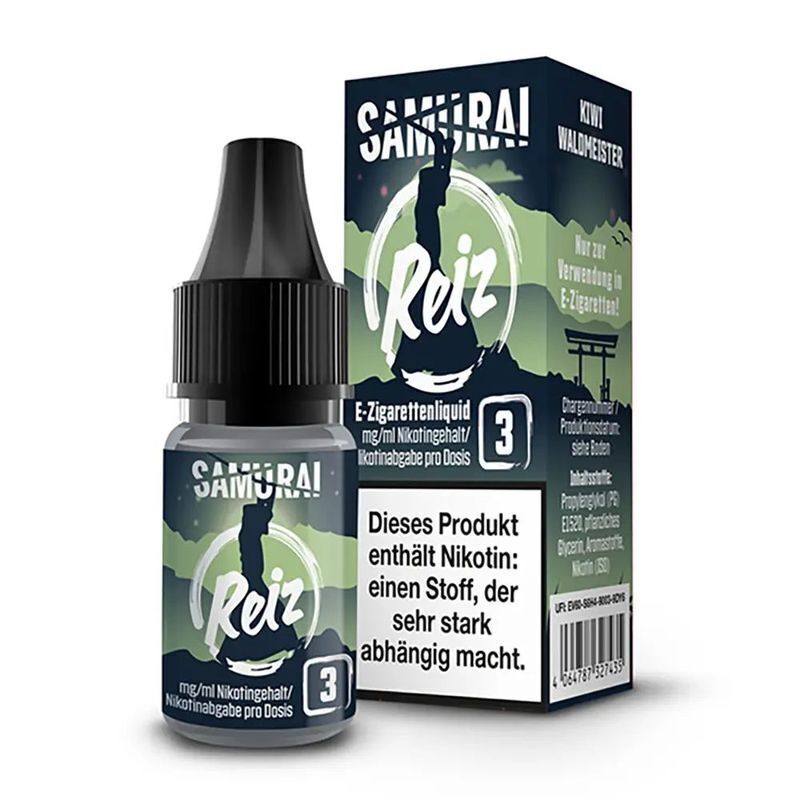 Liquid Reiz von Samurai Abbildung von Samurai Liquid E-Zigarettenliquid Flasche und Verpackung mit der Aufschrift Reiz, Geschmacksrichtung Kiwi Waldmeister, Warnhinweis auf Nikotin.