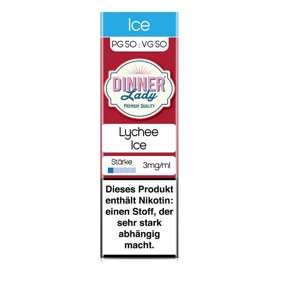 Dinner Lady Liquid - Lychee Ice Flasche mit blauem und rotem Etikett, Stärke 3mg/ml, enthält Nikotin mit Abhängigkeitswarnung.
