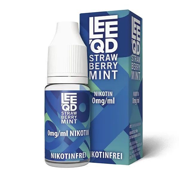 E-Liquid-Flasche und Karton mit Aufschrift Leeqd Strawberry Mint, nikotinfrei 0mg/ml, blau-grünes Design