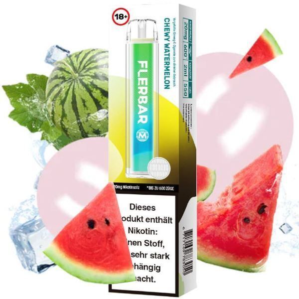 Chewy Watermelon mit 20mg Nikotin Flerbar E-Shisha Flerbar Chewy Watermelon Vape in einer Verpackung mit Wassermelonenscheiben, Eiswürfeln und Minzblättern, enthält 20mg Nikotin