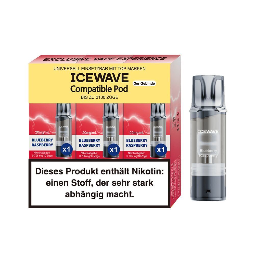 Icewave Pods - Blueberry Raspberry 20mg Icewave Pods in Blueberry Raspberry Geschmacksrichtung, 3er Pack mit 20 mg/ml Nikotin, rotes und gelbes Verpackungsdesign, Warnhinweis auf Nikotin.