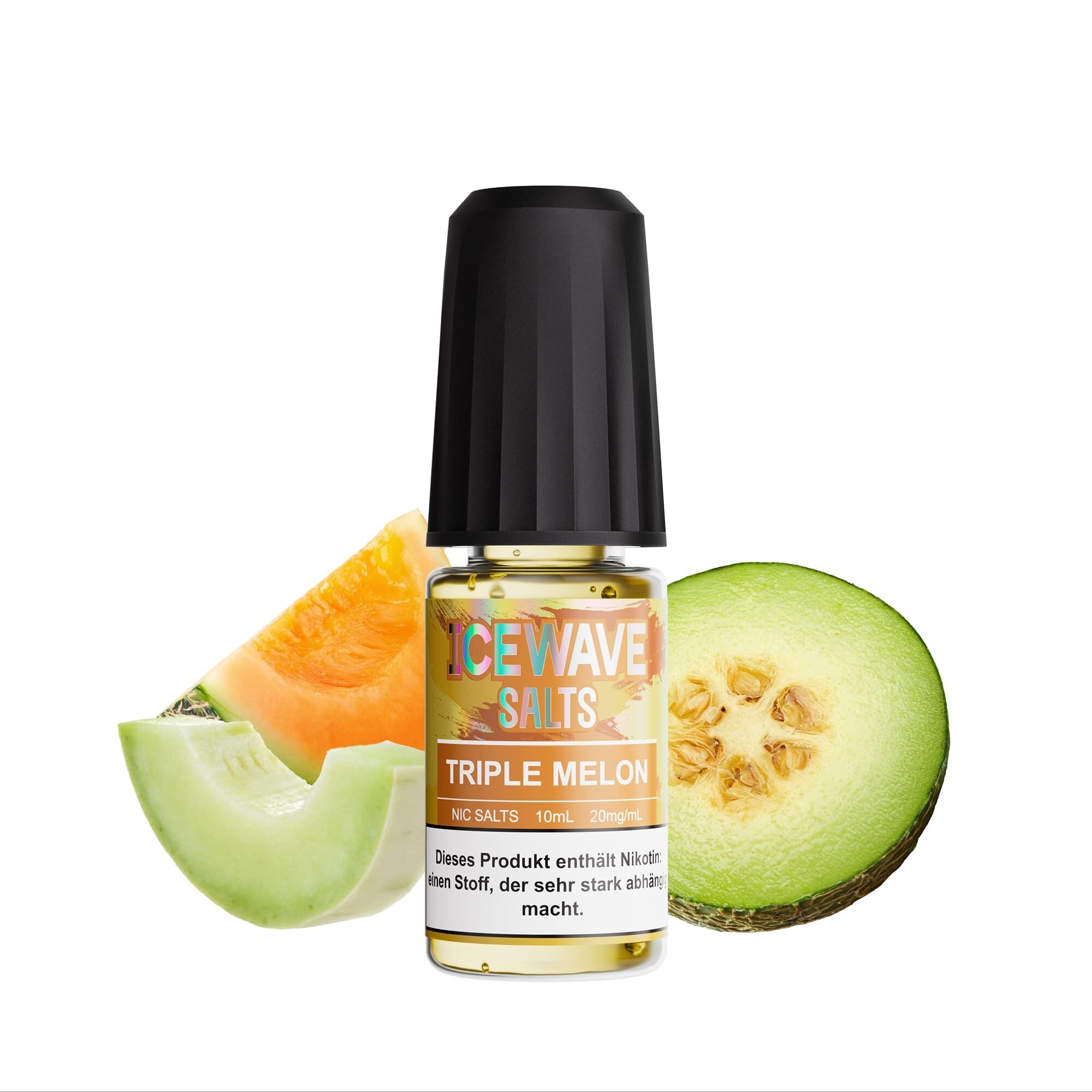 Icewave Nikotinsalz - Triple Melon 20mg Produktflasche "Icewave Salts Triple Melon" mit schwarzem Deckel, flankiert von zwei Melonenscheiben, Marke und Nikotingehaltsangabe sichtbar.