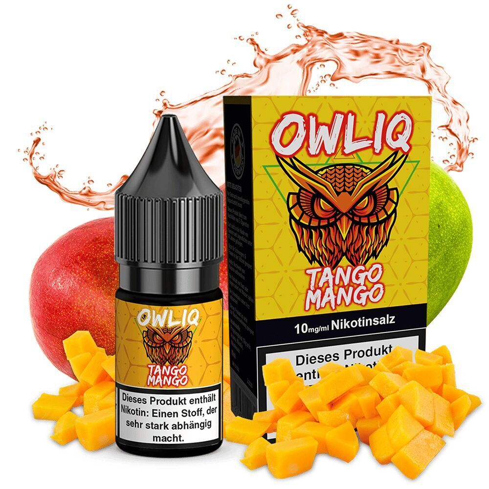 Owliq Nikotinsalz - Tango Mango Owliq Nikotinsalz Tango Mango Flasche und Verpackung vor Mangofrucht, mit Mango-Stücken und Spritzern in Hintergrund, 10 mg/ml Nikotinsalz.