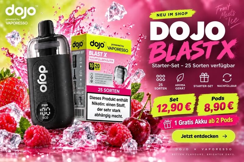 DOJO Blast X von Vaporesso – Gerät und Produktverpackung DOJO Blast X von Vaporesso: schwarzes Gerät mit Produktverpackung vor einem Hintergrund aus Früchten und Eiswürfeln