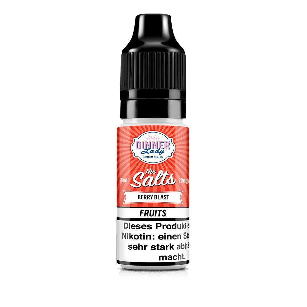 Dinner Lady Nikotinsalz Berry Blast 20mg Flasche mit rotem Etikett, schwarzer Kappe, enthält Nikotin-Warnhinweis, weißer Hintergrund.