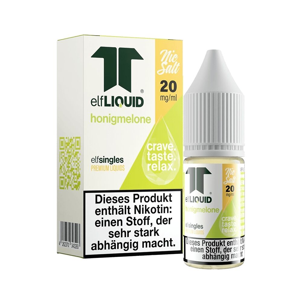 Elf Liquid Nikotinsalz - Honigmelone Elf Liquid Nikotinsalz Honigmelone 20 mg/ml, Flasche und Verpackung nebeneinander mit Hinweis auf Nikotinabhängigkeit und Slogan "crave. taste. relax."