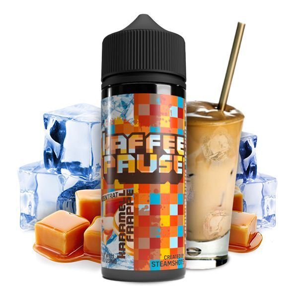Aroma Karamell Frappe Ice von Kaffeepause Flasche mit Kaffeepause Aroma Karamell Frappe Ice neben einem Glas Eiskaffee, umgeben von Eiswürfeln und Karamellstücken