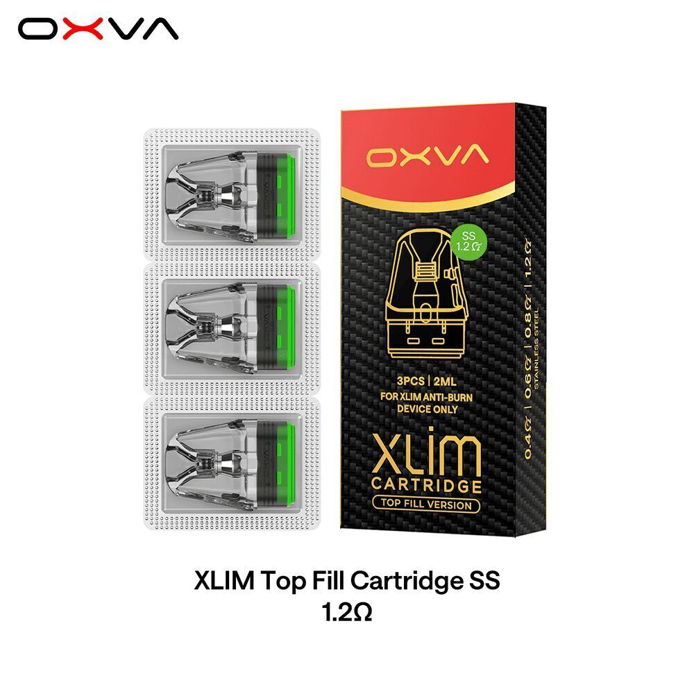 Oxva Xlim DNA Pods mit Coil - 1,2 Ohm Oxva Xlim DNA Pods mit Coil, 1,2 Ohm, in Blisterpackung neben schwarzer Verpackung mit gelbem Text für XLIM Cartridge Top Fill.