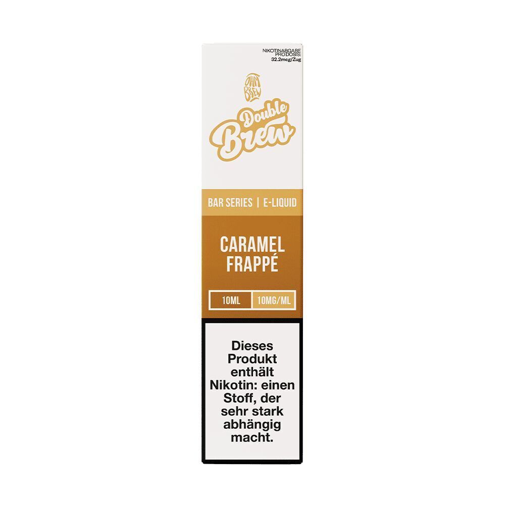 Liquid Caramel Frappe 10mg - Double Brew E-Liquid-Verpackung von Double Brew, Caramel Frappe, enthält Nikotin, 10 ml, 10 mg/ml, Warnhinweis auf Abhängigkeit.