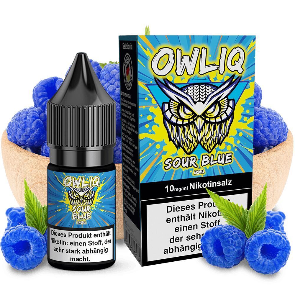 Liquid Sour Blue - Owliq Owliq Nikotinsalz Sour Blue 10mg Flasche und Verpackung vor einer Schale mit blauen Himbeeren, auffälliges Eulenlogo