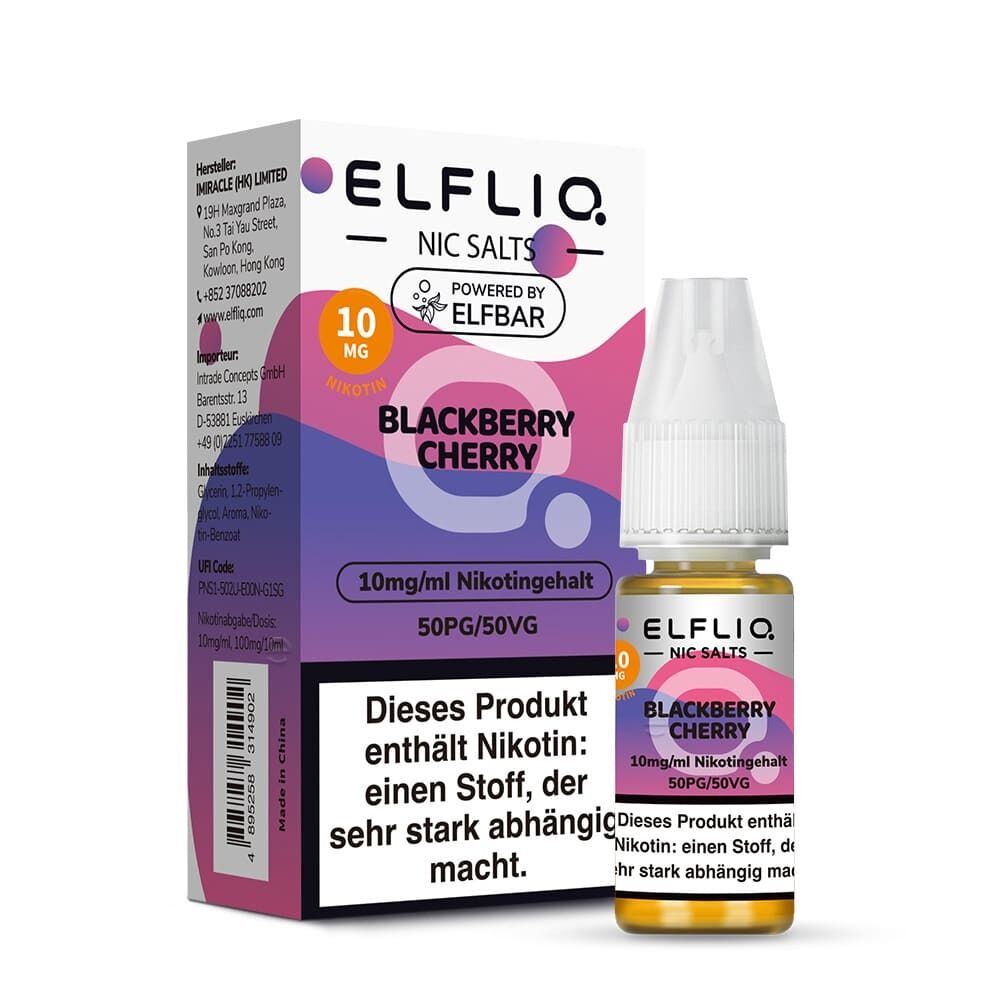 Elfliq Nikotinsalz - Blackberry Cherry Elfliq Nikotinsalz Blackberry Cherry 10mg Packung und Flasche, 10mg/ml Nikotingehalt, enthält Hinweistext zu Nikotinabhängigkeit.