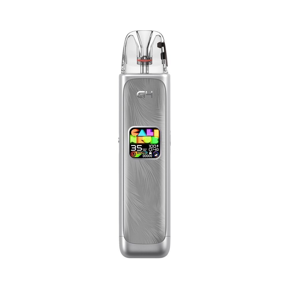 Uwell Caliburn G4 Pod Kit - Twilight Silver Uwell Caliburn G4 Pod Kit in Twilight Silver mit geätztem Muster, Farbdisplay zeigt 35W, Akkustand und andere Statusinformationen.