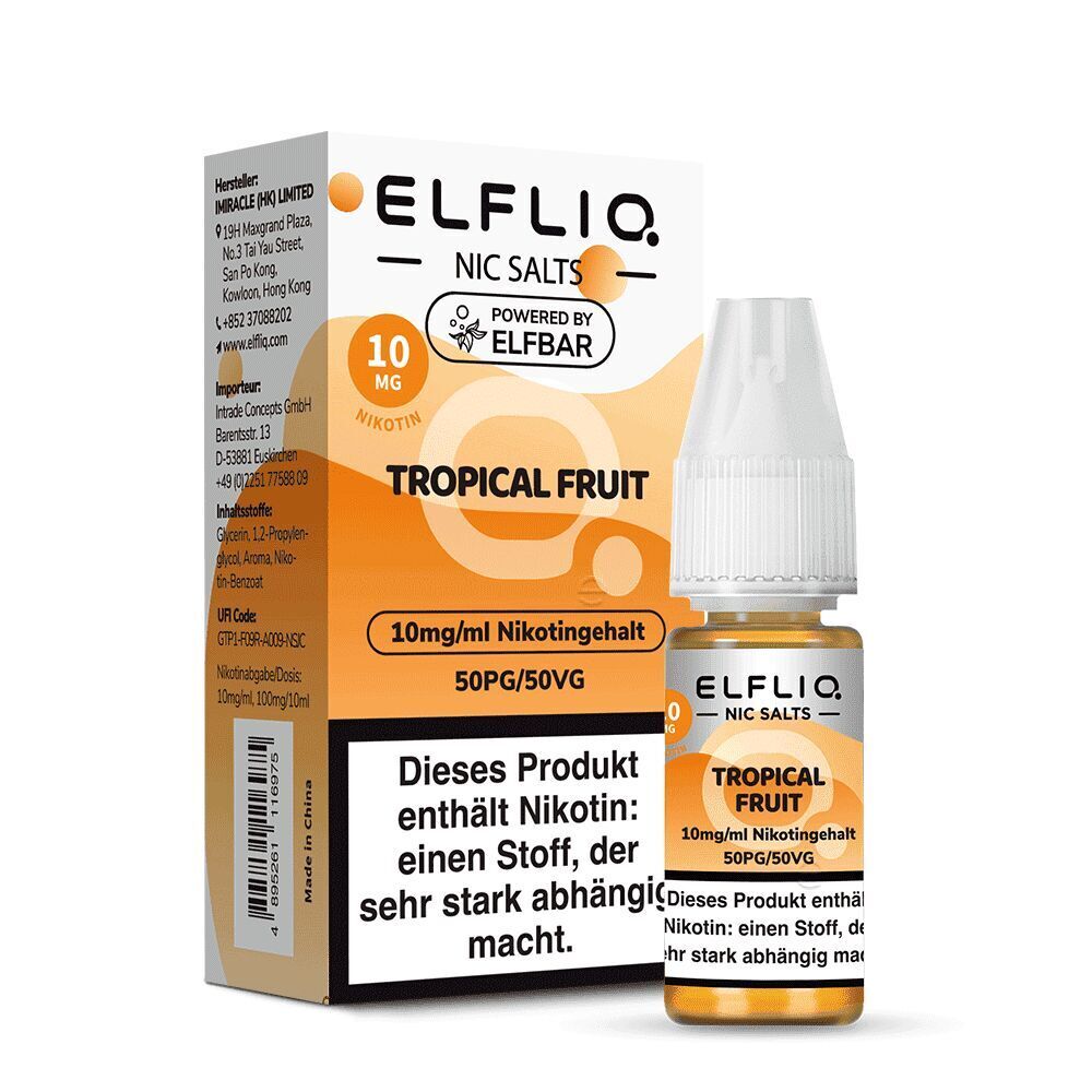 Elfliq Nikotinsalz - Tropical Fruit 10mg Elfliq Nic Salts Tropical Fruit 10mg Nikotinsalzflasche und Verpackung, auffällig orange gestaltet, enthält Nikotin, 10mg/ml.