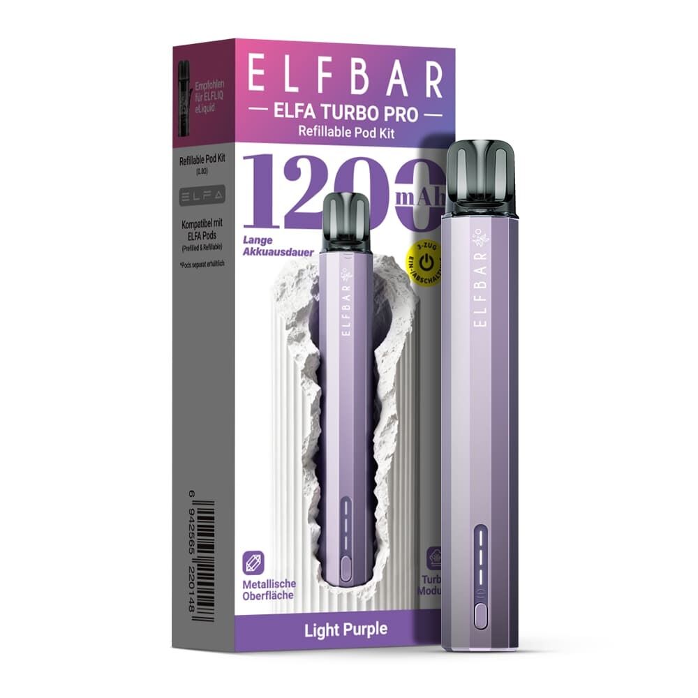 Elfbar Elfa Turbo Pro Pod Kit - Light Purple Elfbar Elfa Turbo Pro Pod Kit in Light Purple mit metallischer Oberfläche, zeigt Verpackung und Gerät mit 1200 mAh Akku.