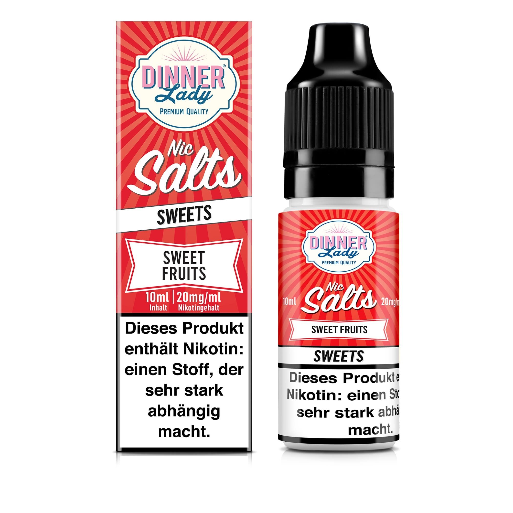 Liquid Sweet Fruits mit 20mg Nikotin von Dinner Lady Produktverpackung und Flasche von Dinner Lady Nikotinsalz Sweet Fruits 20mg mit Warnhinweis zu Nikotingehalt und Abhängigkeitspotential.
