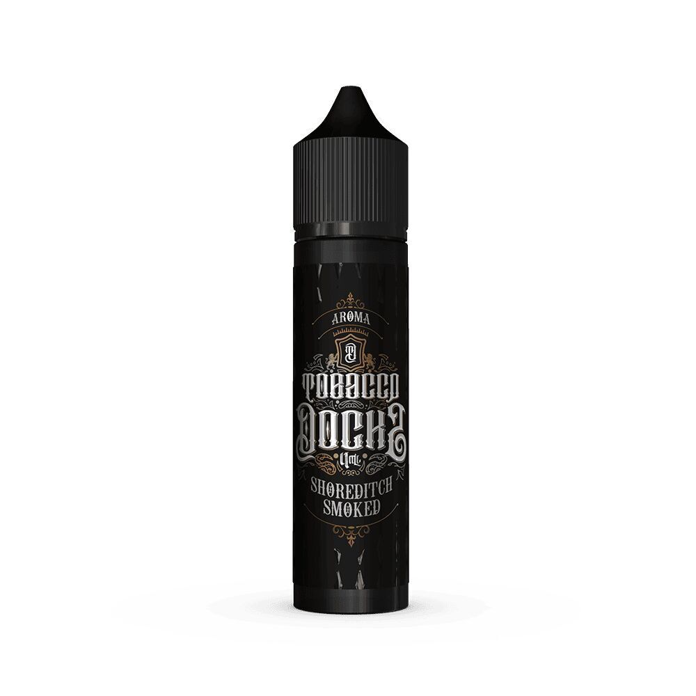 Aroma Shoreditch Smoked - Tobacco Docks E-Flasche mit schwarzem Etikett, darauf steht "Tobacco Docks Aroma - Shoreditch Smoked" in weißer und goldener Schrift.