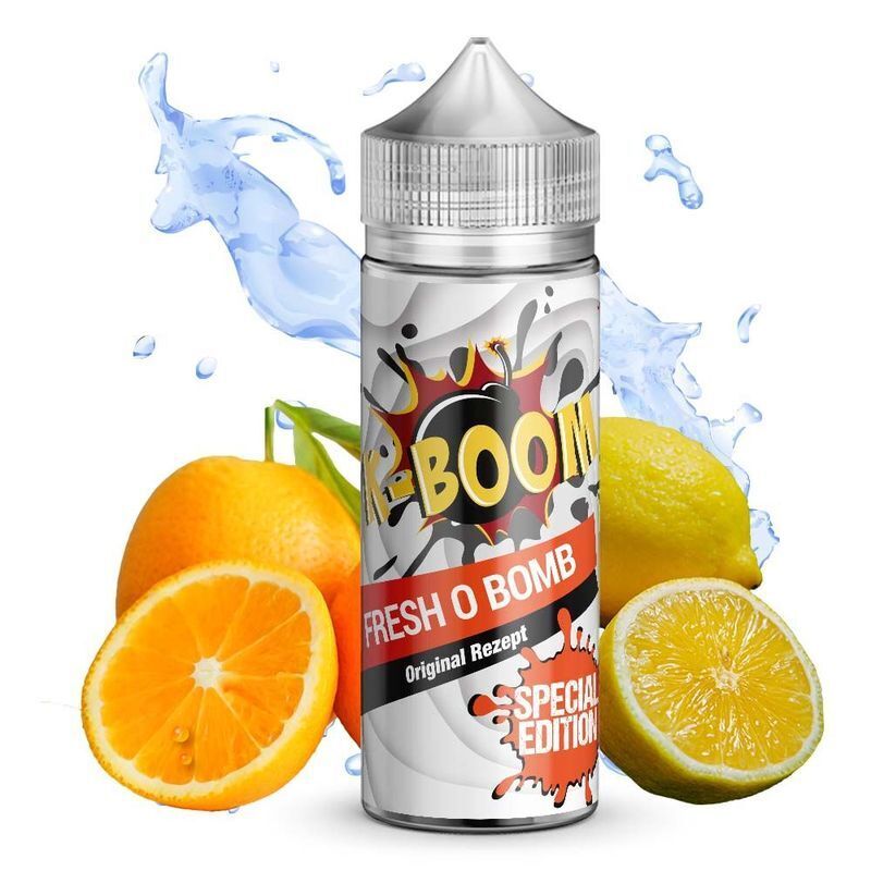 Aroma Fresh O Bomb von K-Boom Flasche K-Boom Aroma - Fresh O Bomb mit Spritzer Wasser und frischen Zitrusfrüchten im Hintergrund, Special Edition Design.