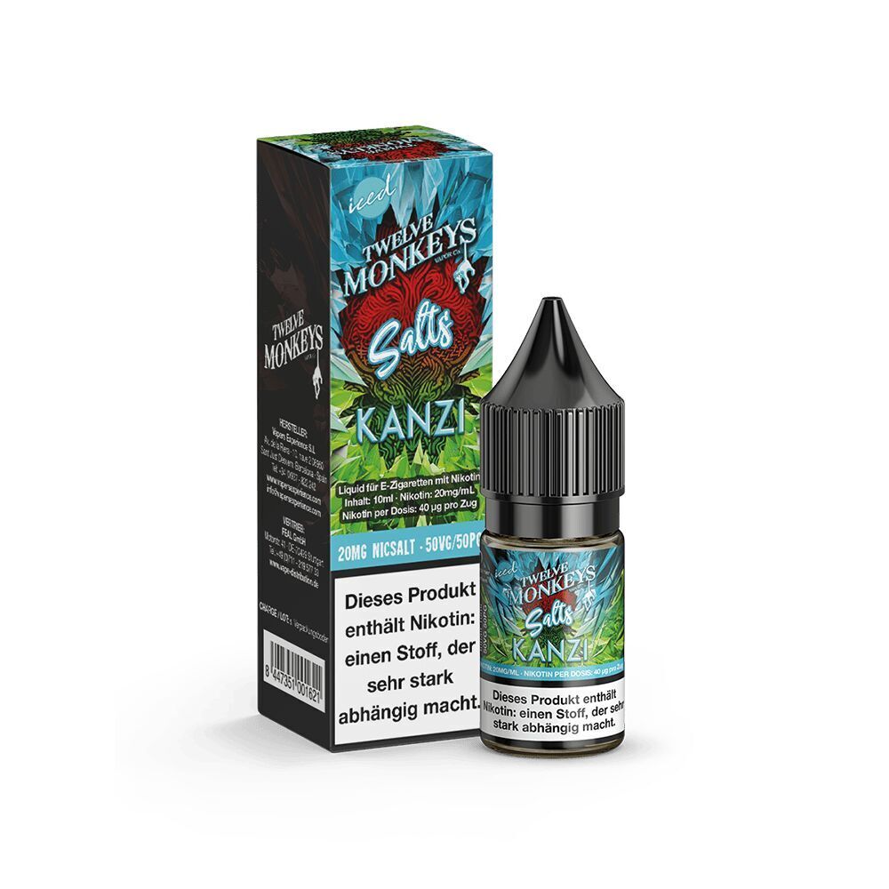 Liquid Kanzi 20mg - Twelve Monkeys Twelve Monkeys Nikotinsalz Kanzi 20mg Fläschchen und Verpackung mit fruchtigem Design und Warnhinweis über Nikotinabhängigkeit.
