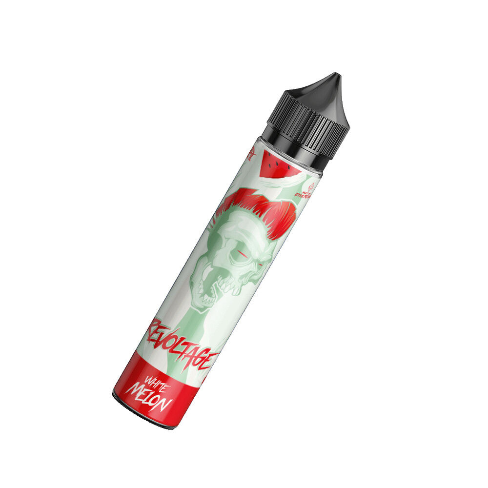 Flasche mit Revoltage Longfill Aroma White Melon, Design zeigt Wassermelonenstück und Schädel, rote und grüne Farben, schwarzer Deckel