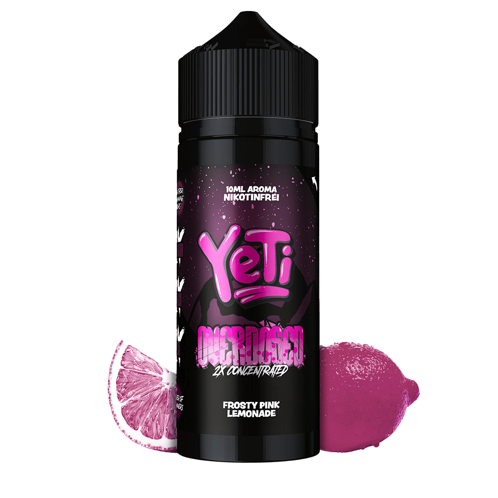 Aroma Frosty Pink Lemonade von Yeti Flasche des Yeti Aroma Frosty Pink Lemonade mit schwarzem Deckel, umgeben von aufgeschnittener und ganzer pinker Frucht.