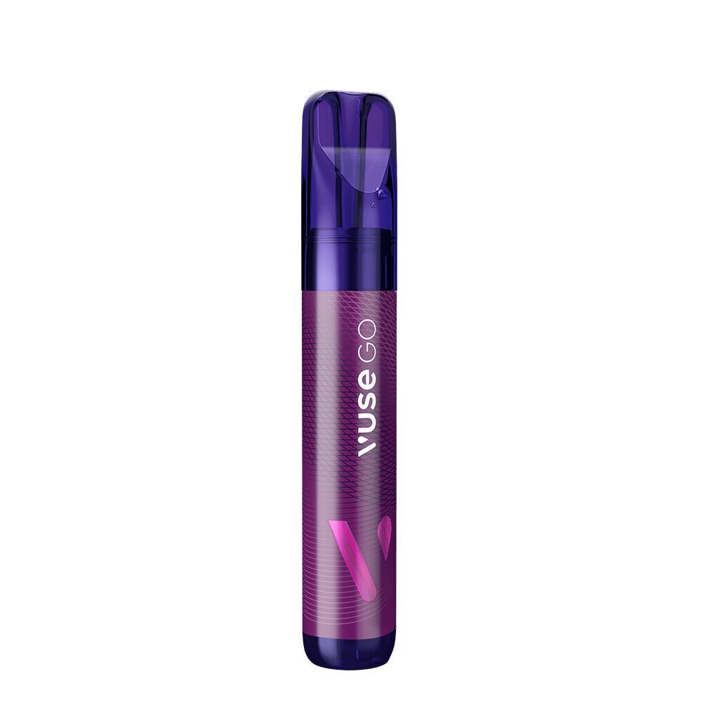 Dark Cherry 20mg - Vuse GO 1000 Einweg Vuse GO 1000 Dark Cherry Vape Pen mit violetter Kappe und Muster, Markenschriftzug auf der Hülle.
