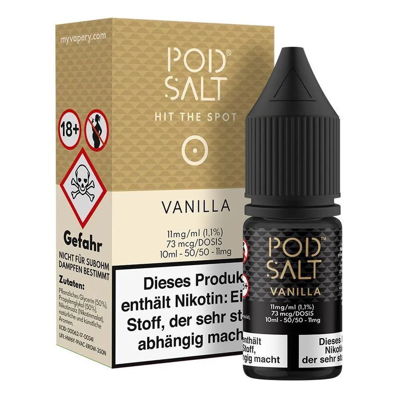 Liquid Vanilla von Pod Salt Core E-Liquid-Flasche Pod Salt Vanilla 11mg und Verpackung mit Warnhinweisen und Inhaltsstoffen, enthält Nikotin, Aroma mit Vanilleduft.