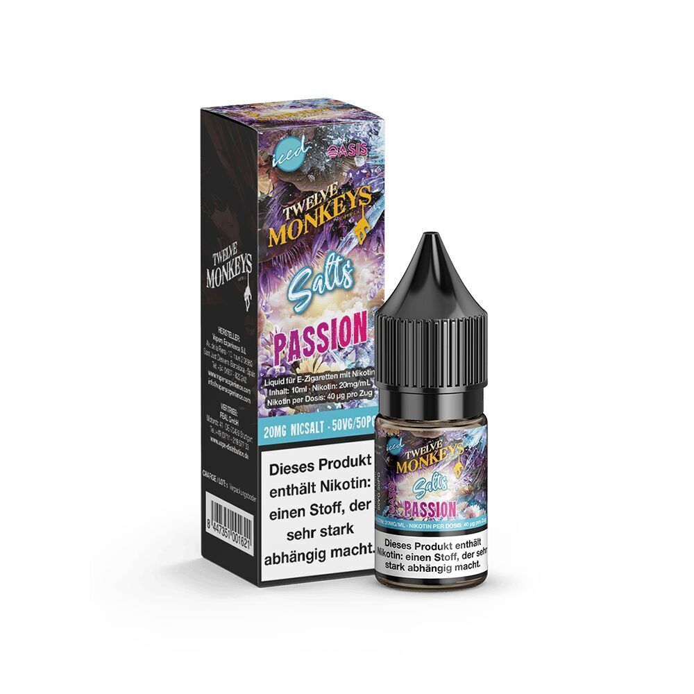 Liquid Passion 20mg - Twelve Monkeys Twelve Monkeys Nikotinsalz Passion 20mg Flasche und Verpackung mit Warnhinweis über Nikotinabhängigkeit.