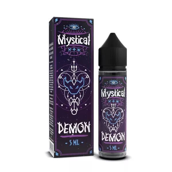 Aroma Demon von Mystical Culami Aroma - Mystical Demon, 5 ml Flasche neben der Verpackung mit blauem dämonischem Symbol, Schriftzug "Mystical Demon" und Auge oben.