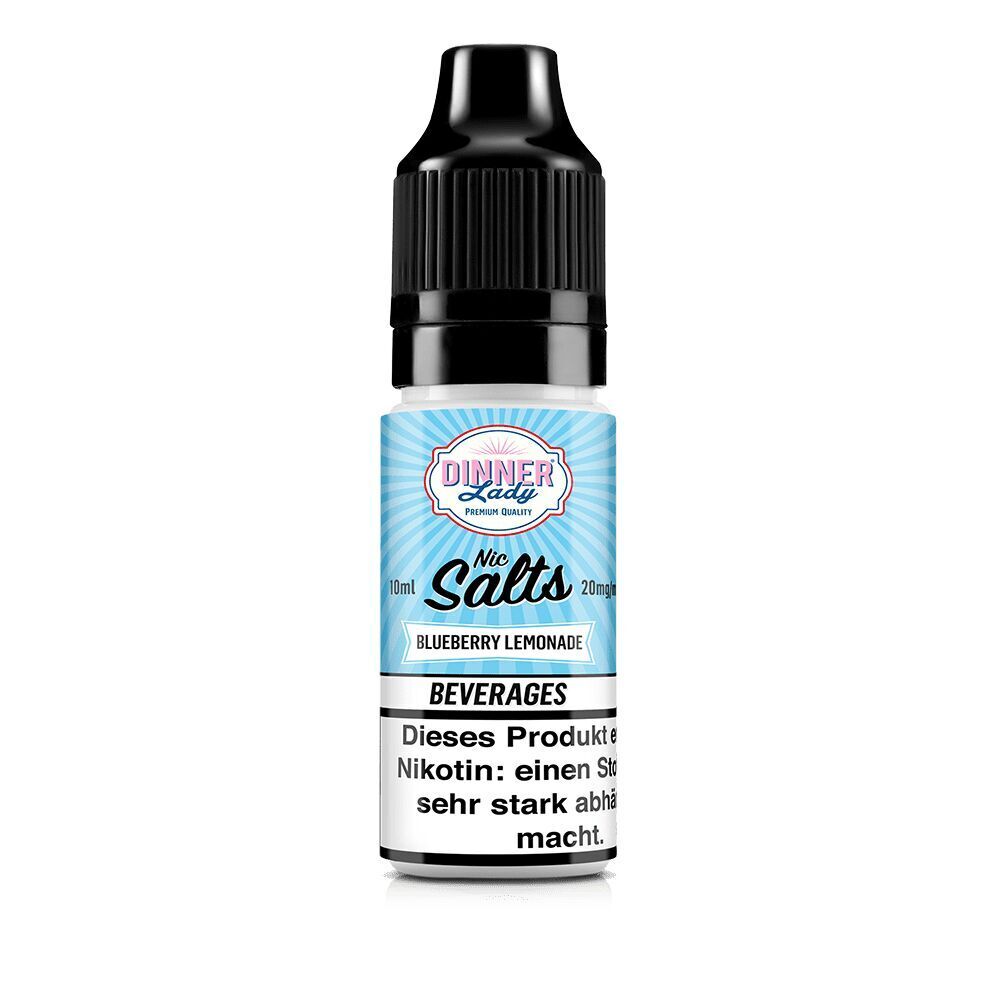 Flasche Dinner Lady Nic Salts Blueberry Lemonade mit 10 ml Inhalt, blauem Etikett und Warnhinweistext für Nikotin