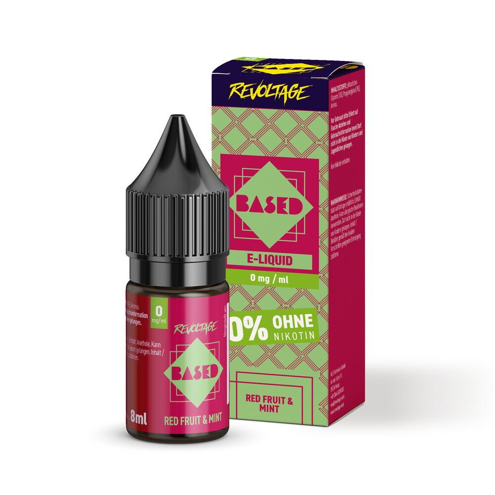 Revoltage Based Hybrid Liquid - Red Fruit Mint E-Liquid-Flasche und Verpackung von Revoltage Based, Red Fruit Mint, 0 mg/ml, mit Text: 0% ohne Nikotin.