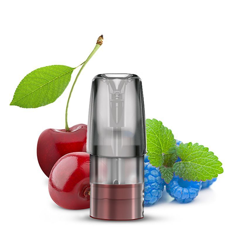 Blue Razz Cherry 20mg - Mate 500 P1 Elfbar Mate 500 Pod, umgeben von einer Kirsche, Himbeeren und grünen Blättern, variiert den Geschmack Blue Razz Cherry 20mg
