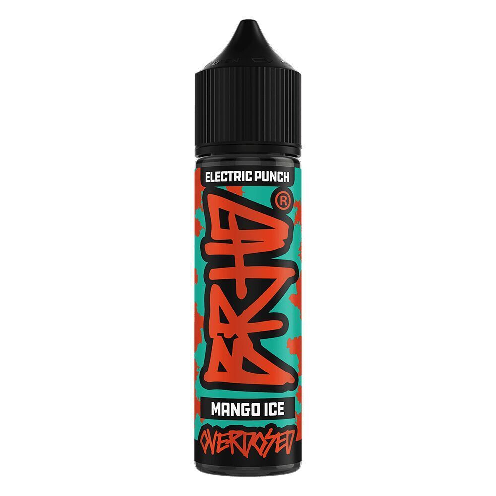 Aroma Mango Ice von BRHD BRHD Aroma Mango Ice E-Liquid-Flasche mit schwarzem Deckel, türkises und orangefarbenes Etikett, Schriftzug „Electric Punch“ und „Overdosed“