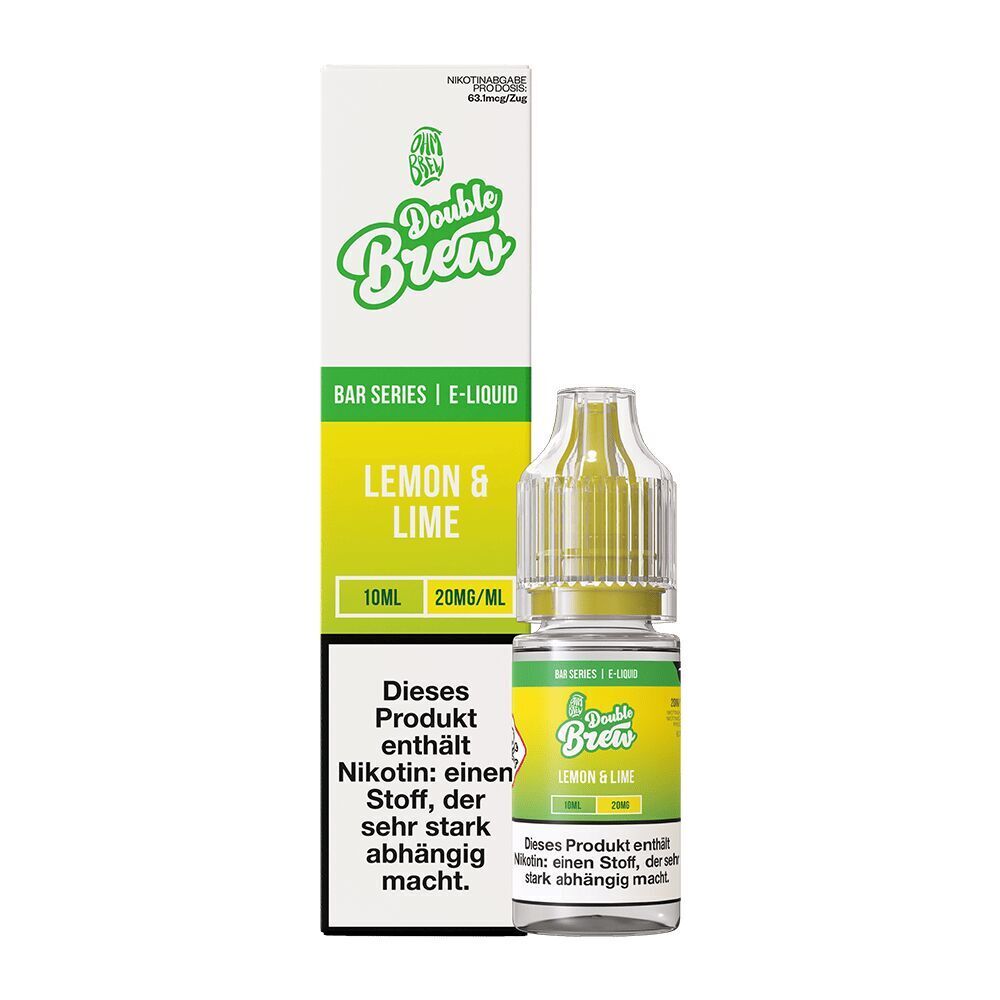 Liquid Lemon & Lime 20mg - Double Brew Double Brew Nikotinsalz Lemon & Lime in 10ml Flasche mit 20mg/ml Stärke, Verpackungstext weist auf den Nikotingehalt hin.