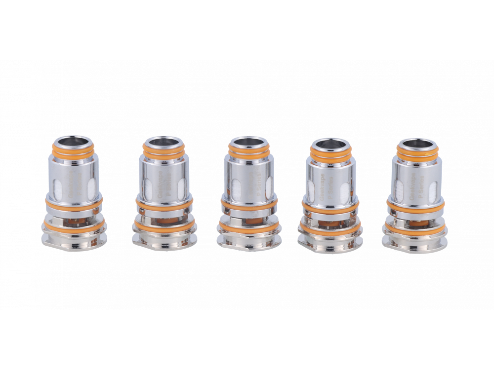 GeekVape P Series Heads 0,2 Ohm Fünf GeekVape P Series Verdampferköpfe 0,2 Ohm mit silbernem Gehäuse und orangefarbenen Dichtungen in einer Reihe angeordnet