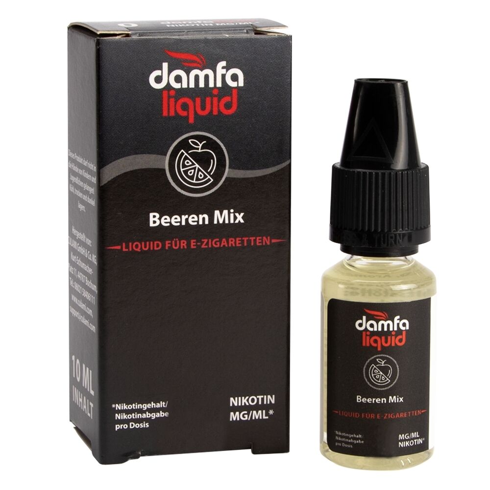 Liquid Beeren Mix 3mg - Damfaliquid Produktname Damfaliquid, Beeren Mix Liquid für E-Zigaretten in schwarzer Verpackung mit roten Details, 10 ml Flasche daneben