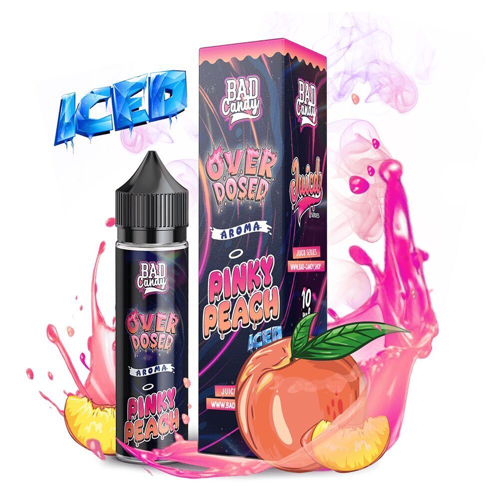 Aroma Pinky Peach Iced - Bad Candy Overdosed E-Flüssigkeit Bad Candy Aroma Pinky Peach Iced mit schwarzer Flasche und bunter Box, spritzende Pfirsiche mit Eis-Effekt.