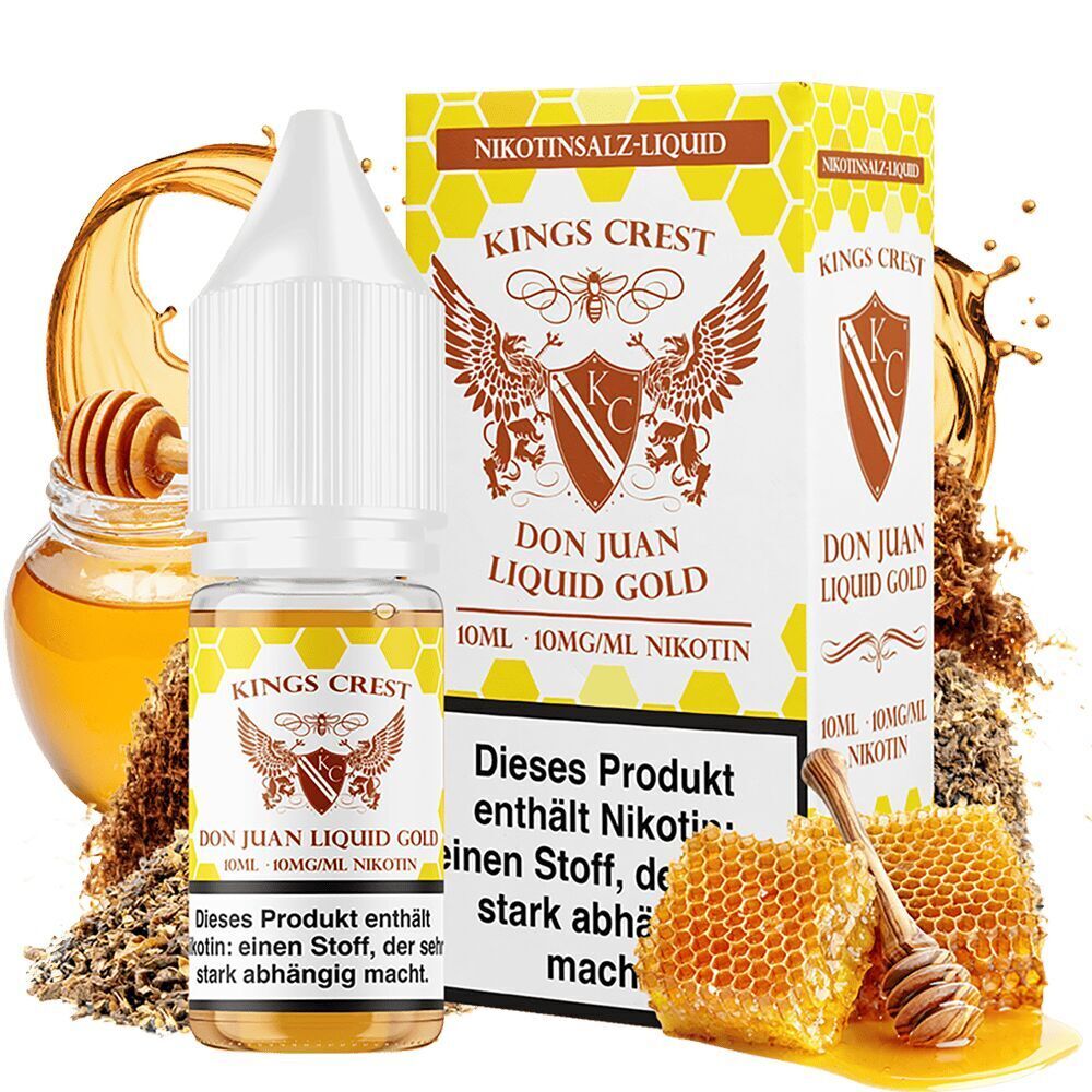 Kings Crest Nikotinsalz - Don Juan Gold Kings Crest Nikotinsalz Don Juan Gold Flasche und Verpackung mit Honig, Bienenwaben und Tabakblättern, 10ml, 10mg/ml Nikotin.