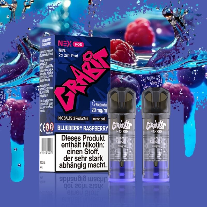 Grabit Nex Pods (2 Stück) Grabit Nex Pods Blueberry Raspberry mit zwei Fläschchen, im Hintergrund Spritzer von Beeren und Wasser, Nikotingehalt 20 mg.