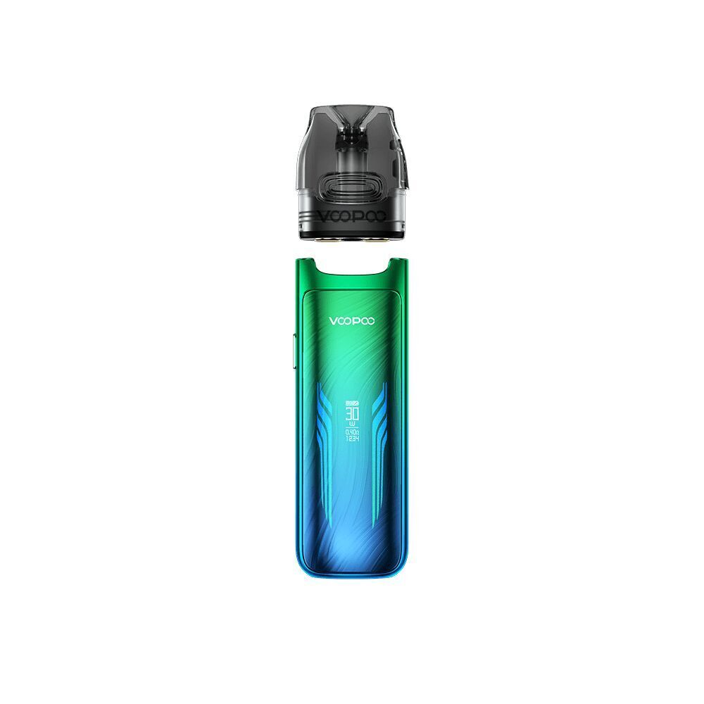 Voopoo VMATE Max Pod Kit in Neon Blue mit schwarzem Mundstück, markante Farbverläufe in Grün und Blau, Voopoo-Logo sichtbar.