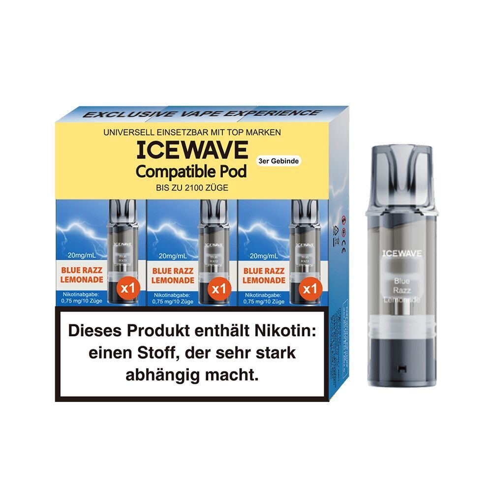 Icewave Pods - Blue Razz Lemonade 20mg Icewave Pods Blue Razz Lemonade 20mg Packung mit drei Pods und einem separaten Pod, Warnhinweis über Nikotinsuchtgefahr.