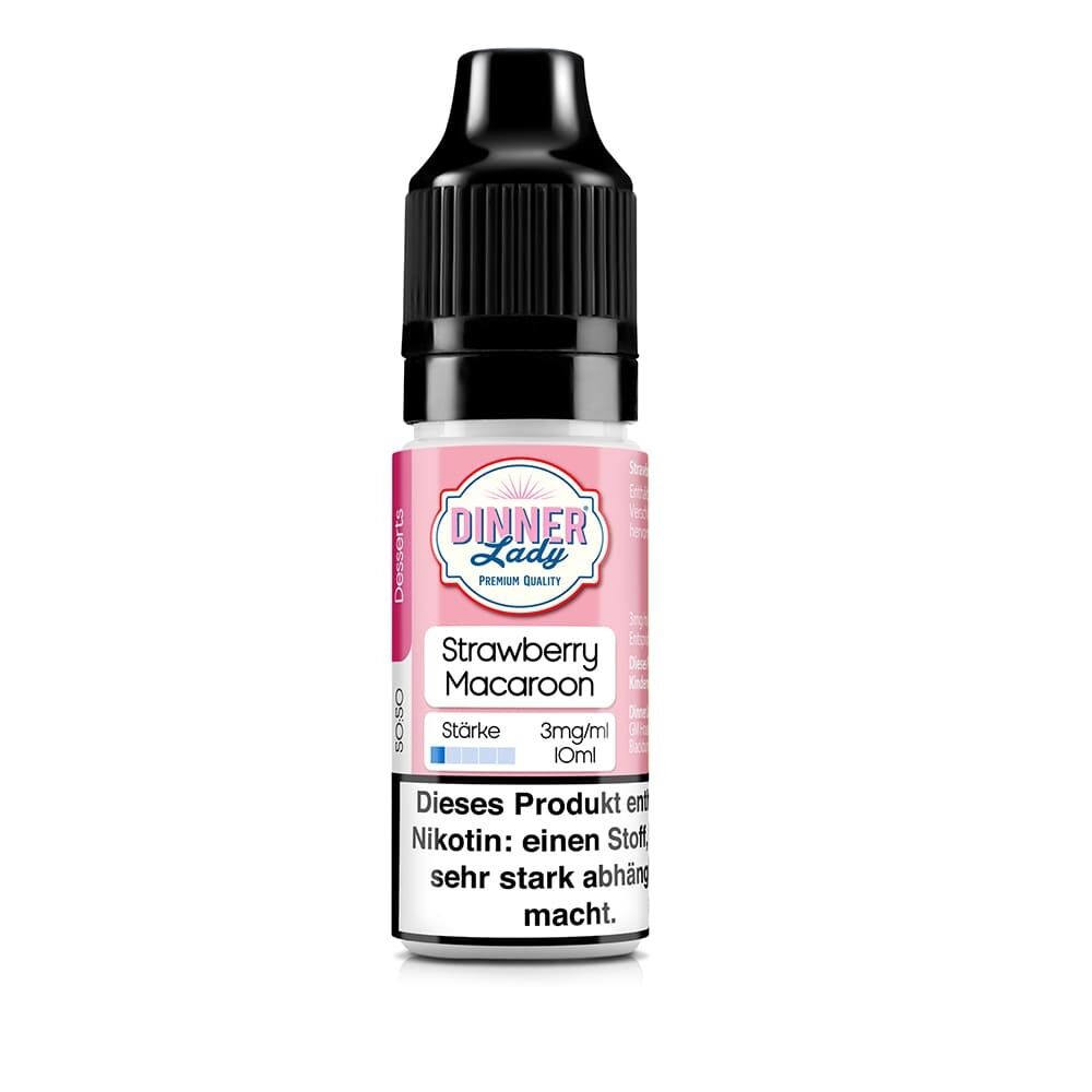 E-Liquid-Flasche Dinner Lady Strawberry Macaroon 3mg mit Warnhinweis über Nikotin, rosa Etikett und schwarzem Verschluss.