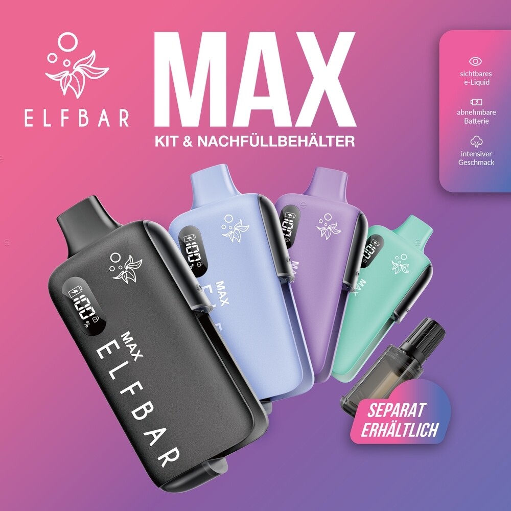 Elfbar Max Pod Kit E-Zigarette in Allen Farben und ein leerer Liquid Pod für Elfbar Max