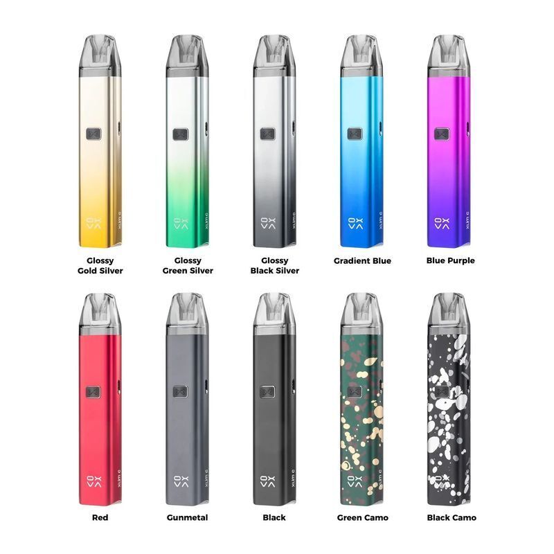 Oxva Xlim C Pod Kit Oxva Xlim C Pod Kit in zehn verschiedenen Farben: Glossy Gold Silver, Green Silver, Black Silver, Gradient Blue, Blue Purple, Red, Gunmetal, Black, Green Camo, Black Camo.