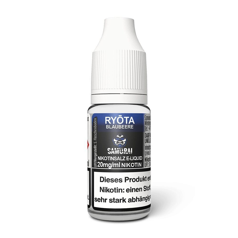 Liquid Ryota Blaubeere 20mg - Samurai Flasche Samurai Nikotinsalz Ryota Blaubeere E-Liquid mit 20mg Nikotin, weißer Verschluss, Warnhinweis zu Nikotinabhängigkeit.